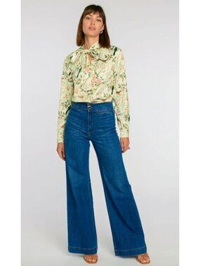 NEW Elizabeth James Label Brit Bow Satin Floral Blouse Green Size XS $220 [jb]